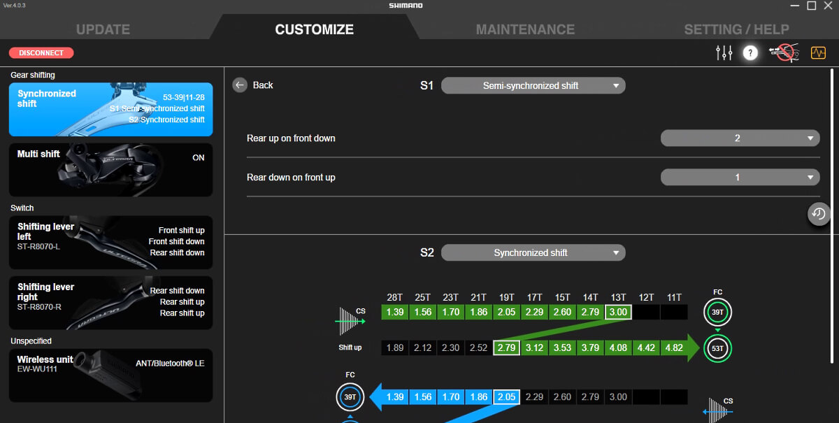 Synchronized Shift setup screen